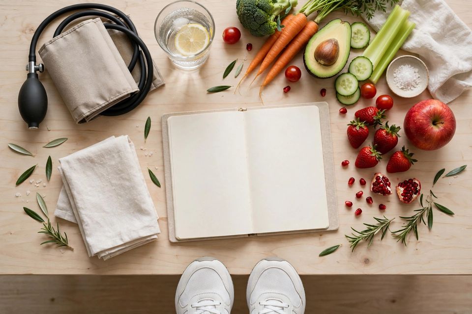 Healthy lifestyle flat-lay with fresh food, water, walking shoes and plants in bright daylight