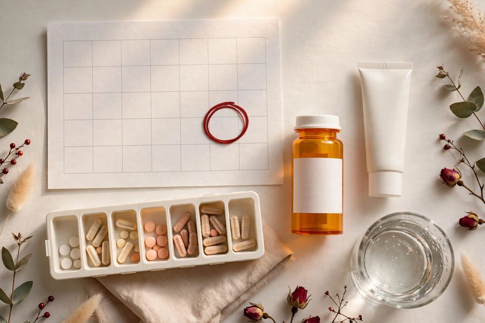 Monthly care routine flat-lay with morning essentials arranged neatly on a light surface
