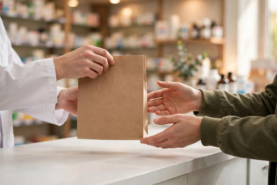 Pharmacist handing a plain paper pharmacy bag to a customer at a pickup counter