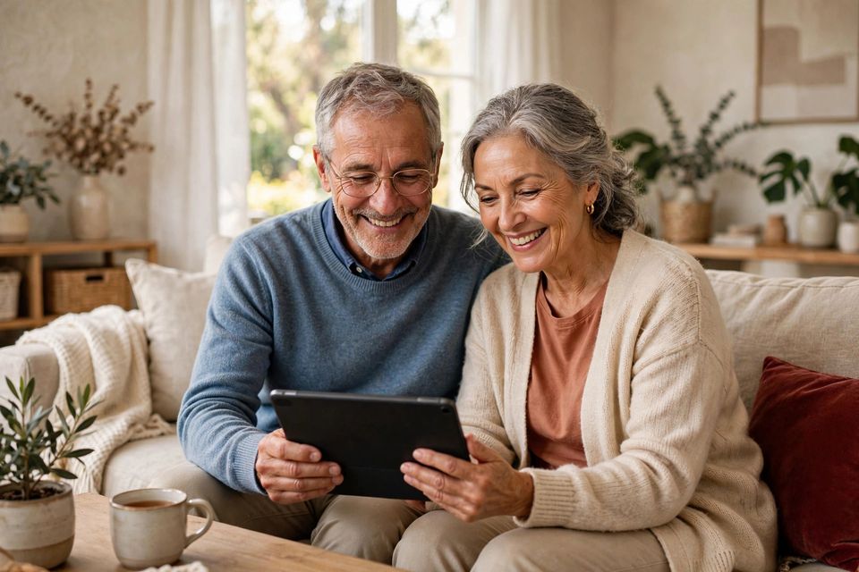 Older couple at home using a tablet together for a video visit