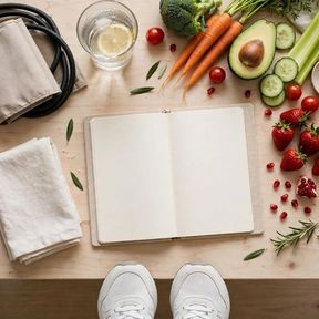 Healthy lifestyle flat-lay with fresh food, water, walking shoes and plants in bright daylight