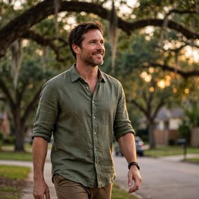 Adult man outdoors in Texas morning light, wearing ordinary clothes