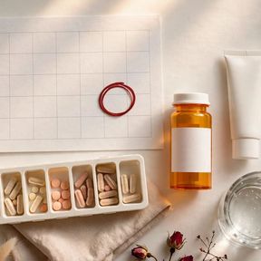 Monthly care routine flat-lay with morning essentials arranged neatly on a light surface