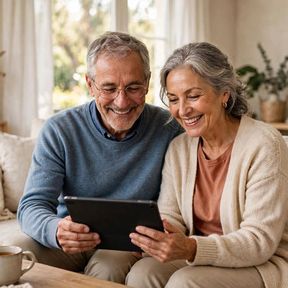 Older couple at home checking a reading together at the kitchen table