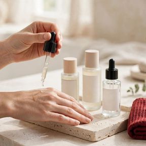 Skincare products and a wide-brim hat arranged on a light surface in bright daylight
