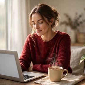 Adult woman at home in a bright room, relaxed and reading
